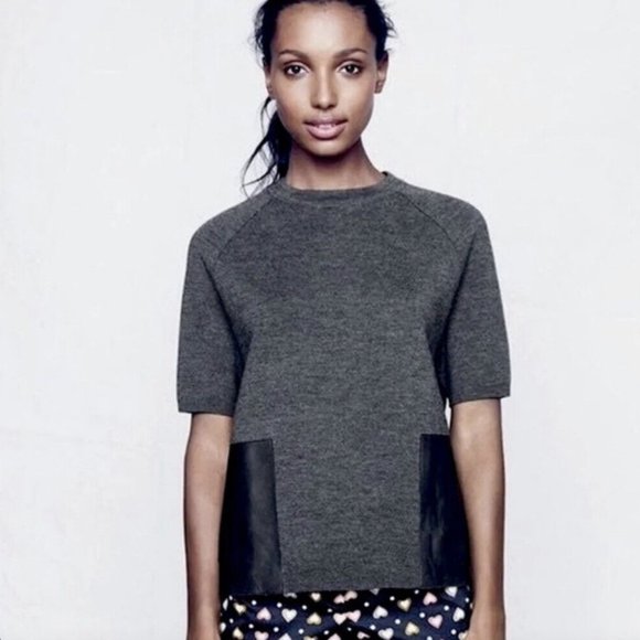 J.Crew Gray Merino Wool Genuine Leather Loose Fit Short Sleeve Sweater Knit Top - Picture 5 of 9
